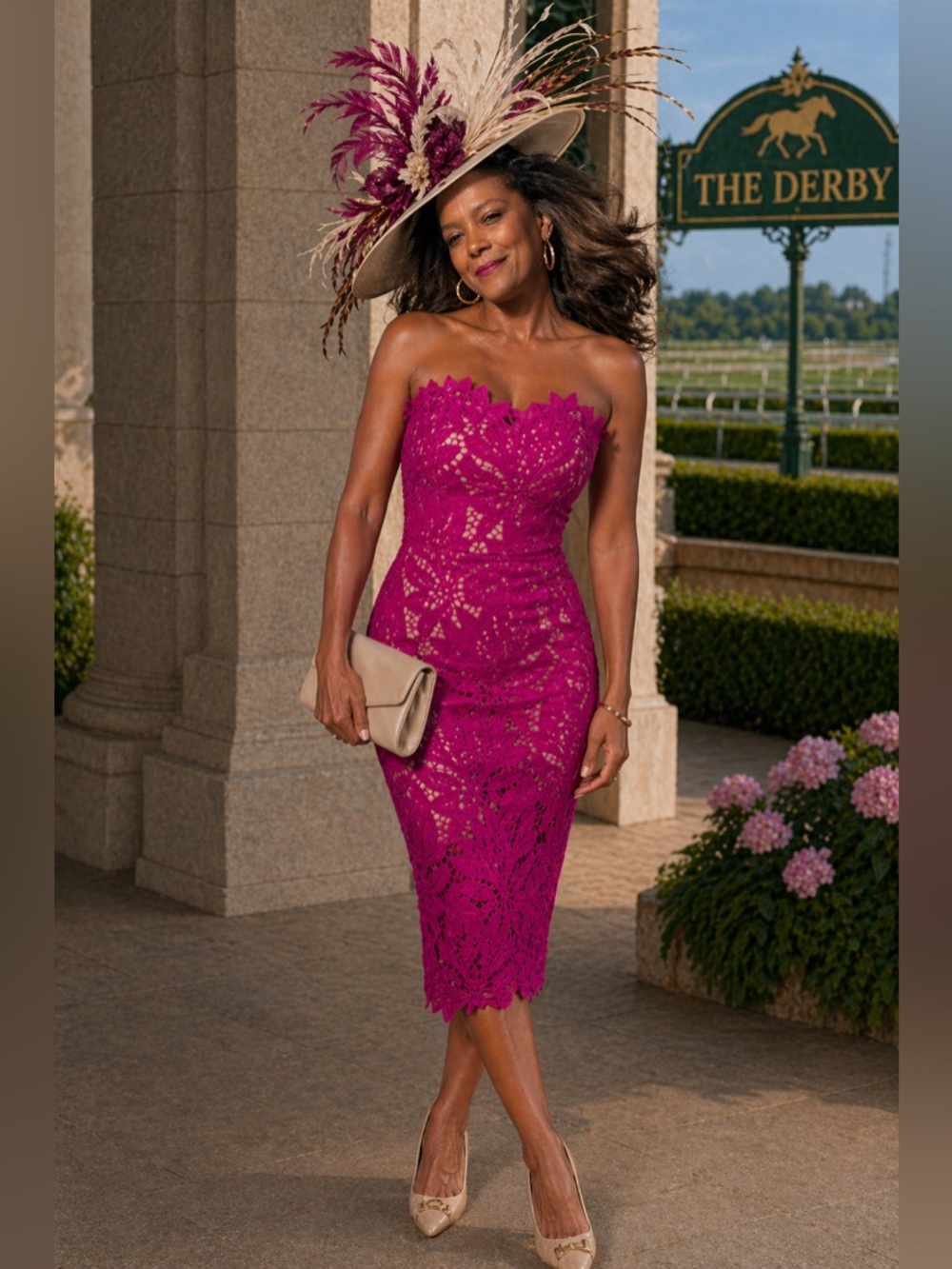 Strapless Fuchsia Lace Midi Dress